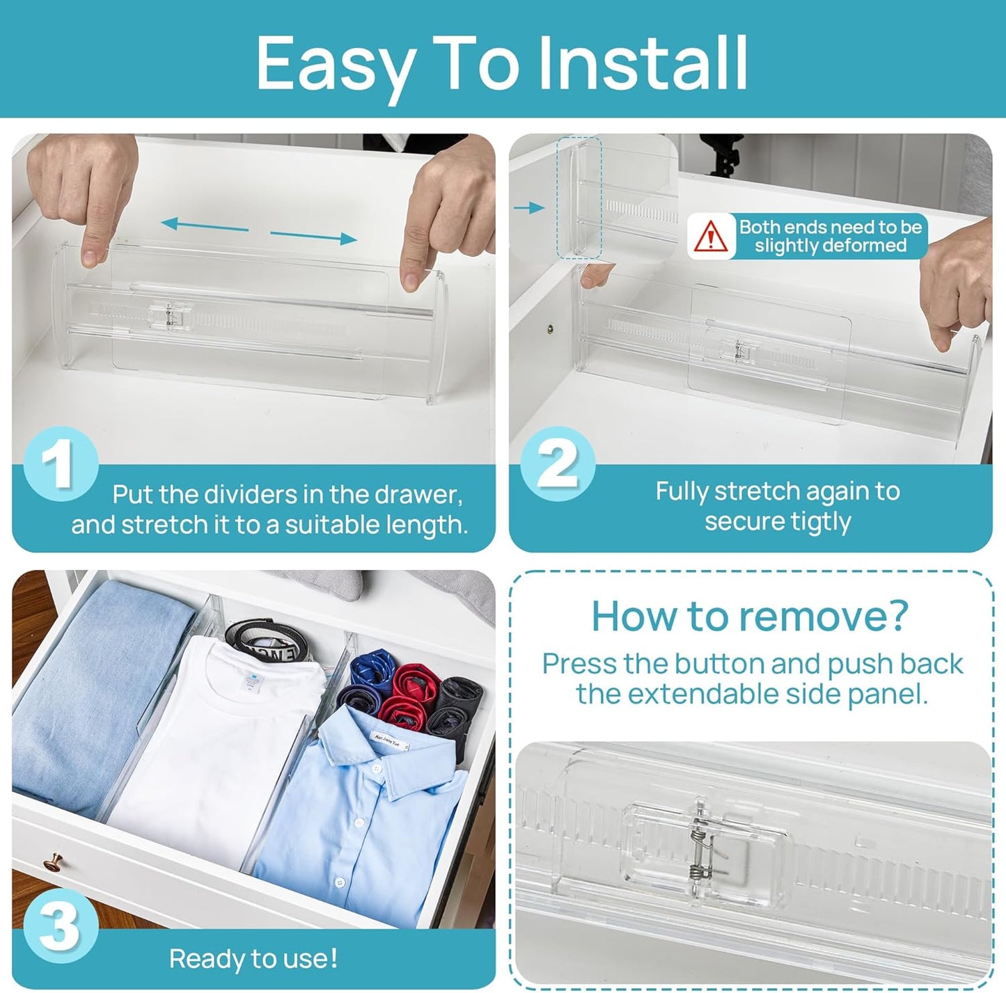 Vtopmart 8 Pack Drawer Dividers for Clothes, 4" High 10.2"-16.5" Adjustable Expandable Dresser Drawer Organizer, Clear Plastic Separators for Dresser, Baby Clothing, Underwear, Cosmetic, Toiletries