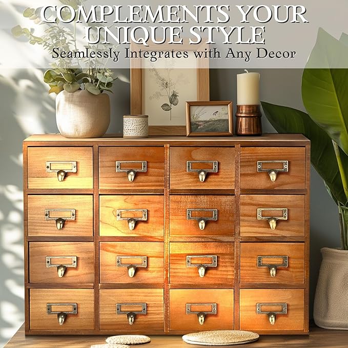 Flexzion Apothecary Cabinet with Drawers - 16 Vintage Apothecary Drawers Desktop Organizer for Home & Office - Wooden Tabletop Library Card Catalog Cabinet Storage for Jewelry, Makeup & Tools, Brown