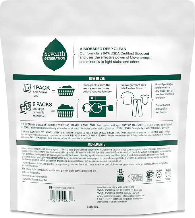 Seventh Generation Laundry Detergent Packs, Lavender, Biobased Deep Clean, EPA Safer Choice Certified, 64 Count