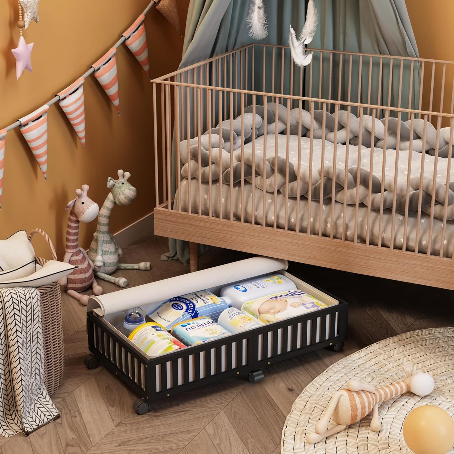 Bamboo Under Bed Storage Containers with Wheels, 1 Pack Large Under the Bed Shoe Storage Bins, Wood Rolling Underbed Drawers Organizer for Bedroom Closet Clothes Blanket Under Crib Toy Black