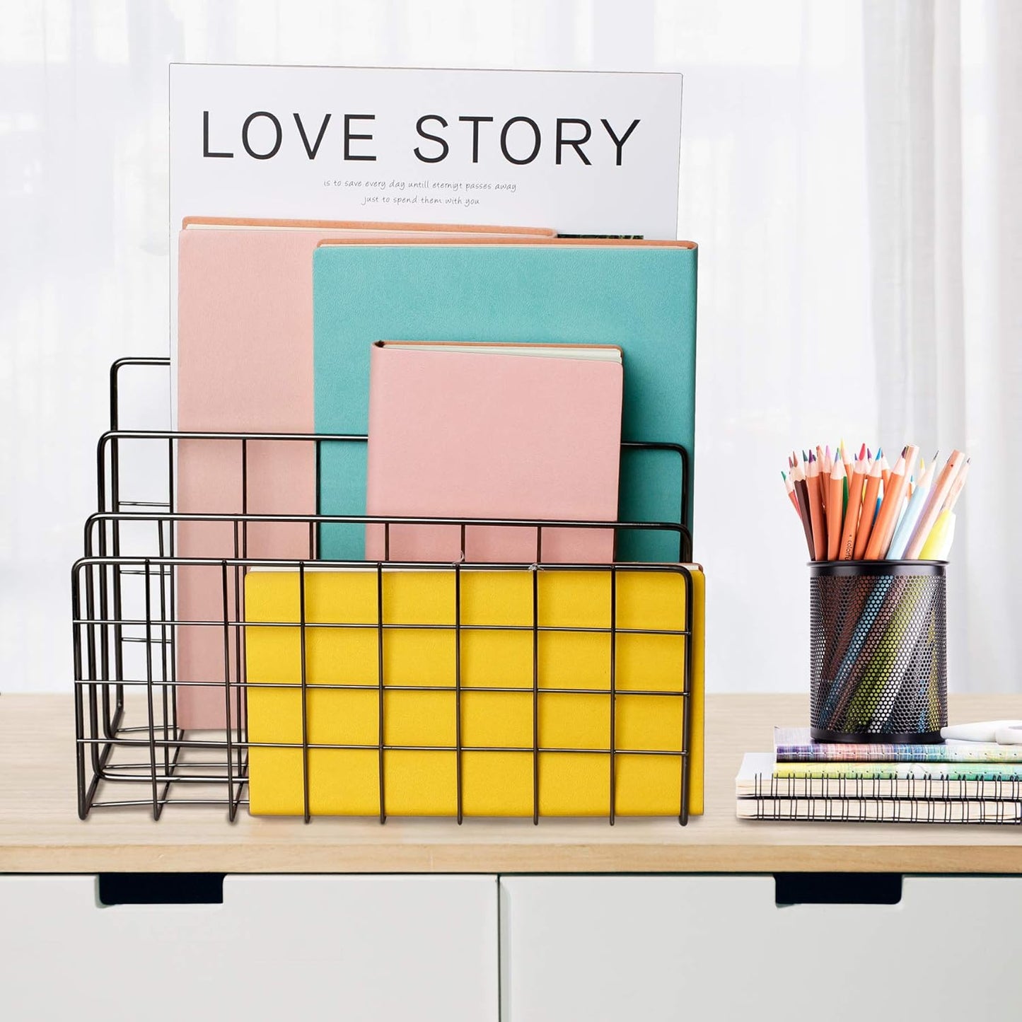 Desktop Mail Organizer File Organizer Metal Wire Mail Sorter Letter Organizer Magazine Rack for Letters, Mails, Books, Postcards, Brochures, Mail Holder (3 Slot, Dark Gray)