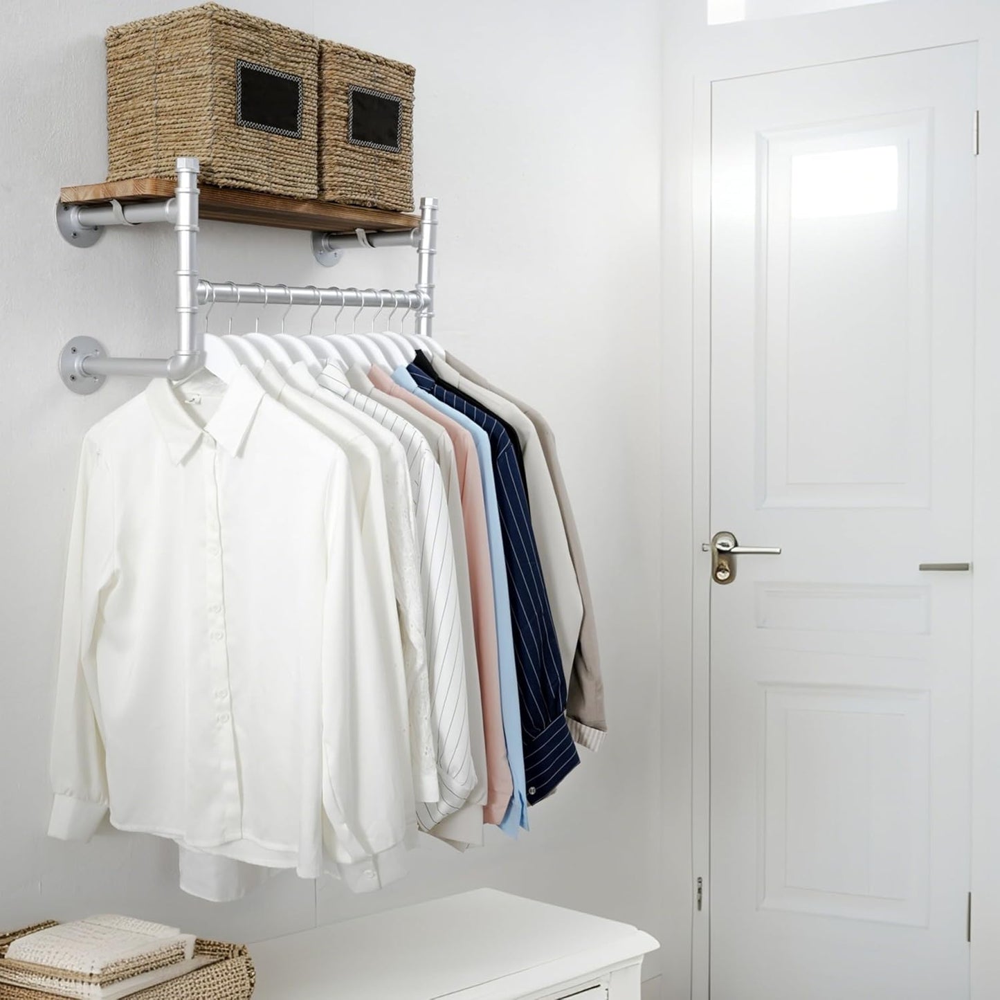 WEBI Wall Mounted Clothes Rack with Shelf,24" Industrial Pipe Clothing Rack with Shelf with Hanging Rod,Heavy Duty Iron Garment Rack Bar,Retail Display Clothes Rod for Laundry Room,Closet,Silver