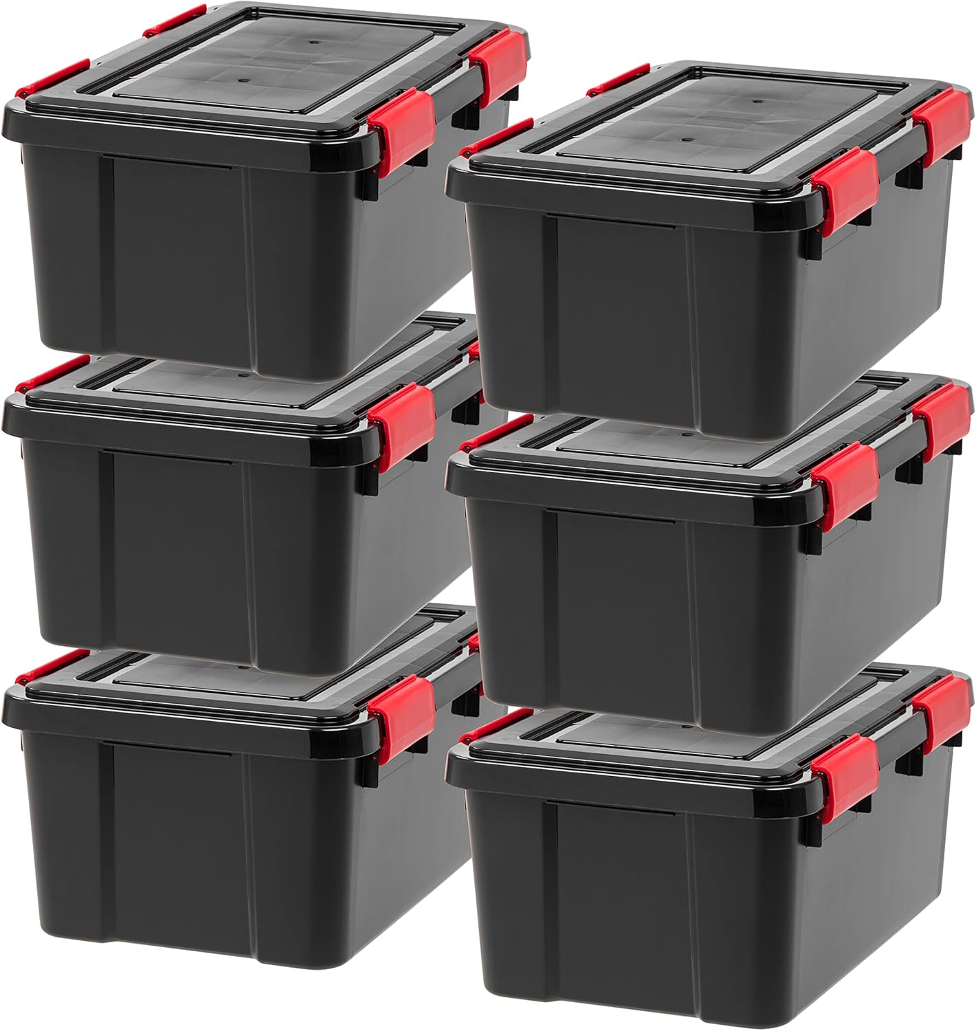IRIS USA WeatherPro 19 Qt Storage Bins with Lids, 6 Pack, BPA-Free Plastic Gasket Box with Tight Latch and Seal, Stackable Nestable Tote Tub - Black/Red