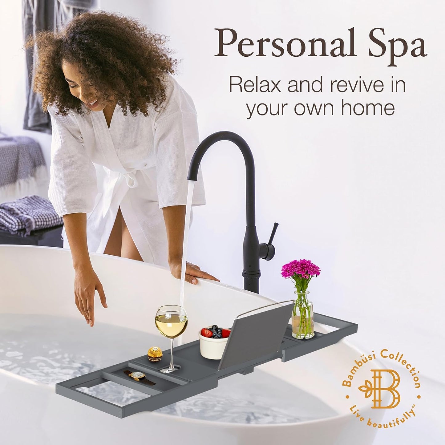 Bathtub Tray - Expandable Gray Bamboo Bath Tray for Tub with Wine Glass Holder, Book & Tablet Stand - Wooden Bathtub Caddy for Bathroom Accessories, Spa Relaxation, Housewarming & Wedding Gift