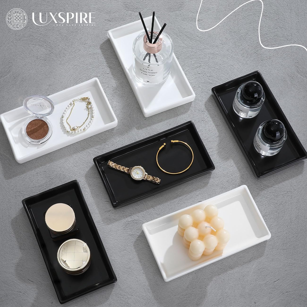 Luxspire Bathroom Vanity Tray, Mini Soap Dispenser, Small Ceramic Perfume and Jewelry Dish, Trinket Holder, Rectangle Candle Tray, Bath Organizer Kitchen Sink Narrow Soap Dish, Black