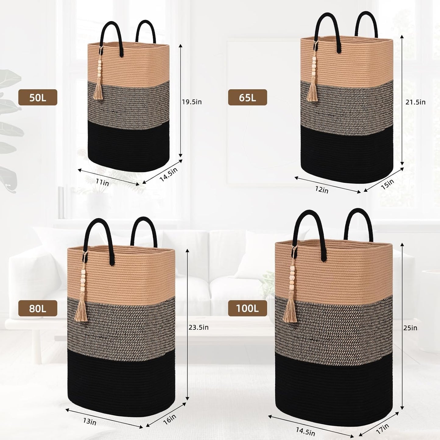 Woven Laundry Basket for Clothes, 65L Large Rectangle Laundry Hampers with Beads Tassel, Nursery Storage Basket for Toys, Tall Dirty Clothes Hamper for Bedroom Aesthetic, Laundry Room Organization