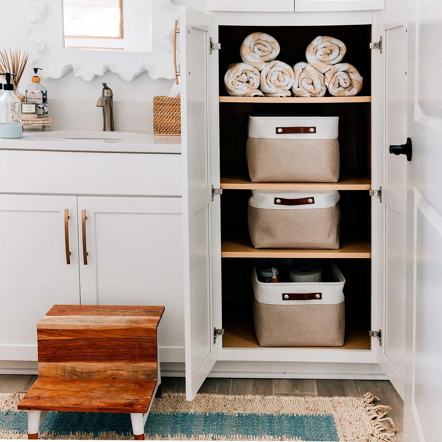 OrganiHaus Extra Large Fabric Storage Baskets for Shelves 3 Pack, 16x13in Closet Storage Bins for Shelves, Canvas Baskets for Organizing, Linen Closet Organizers, Cloth Basket, Beige/Off-White