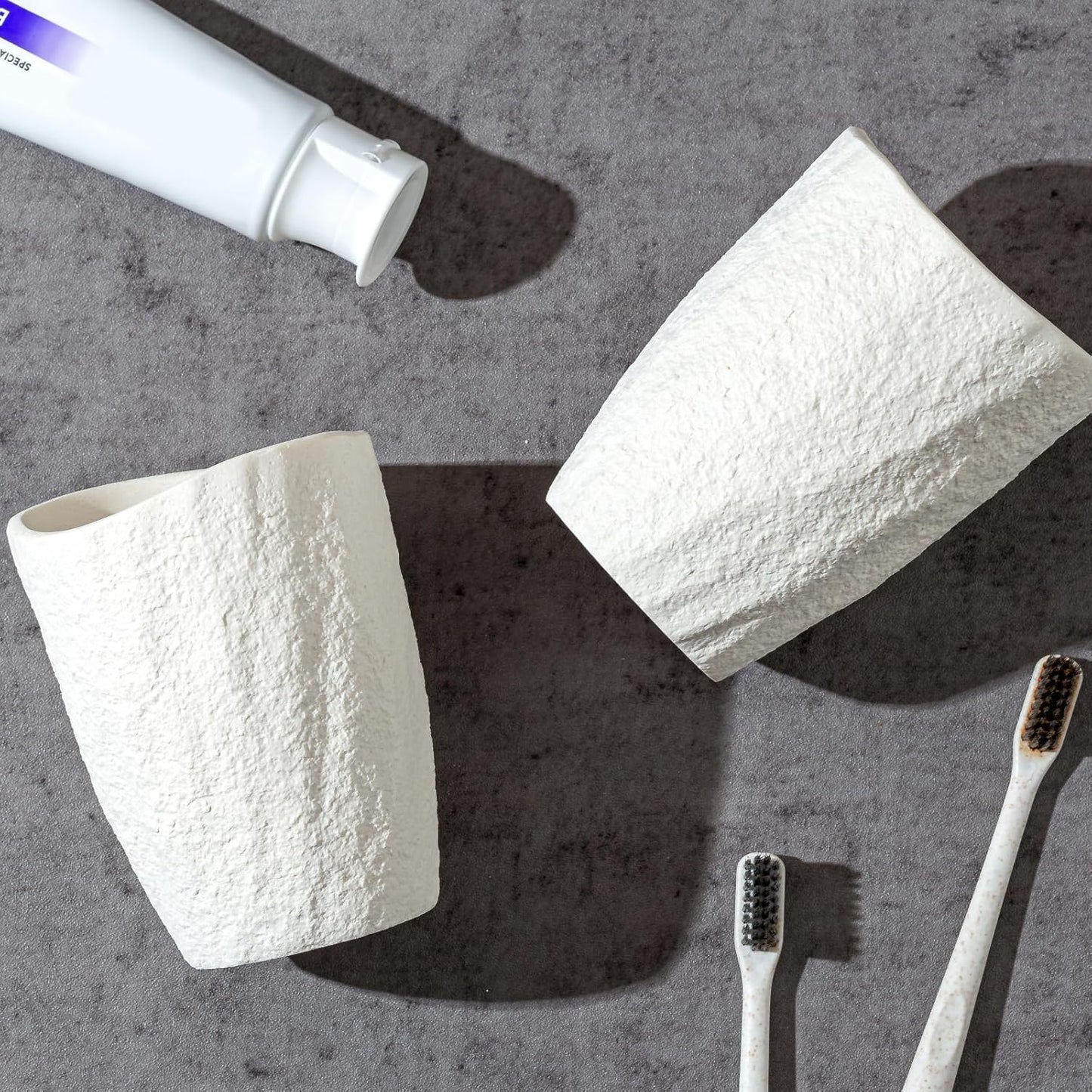 Bathroom Accessories Set, 4 PCS Modern Stone Look Bathroom Accessory Set with Hand Soap Dispenser 11.5 OZ, Tumblers, Toothbrush Holder, Bar Soap Dish Holder Saver (White)