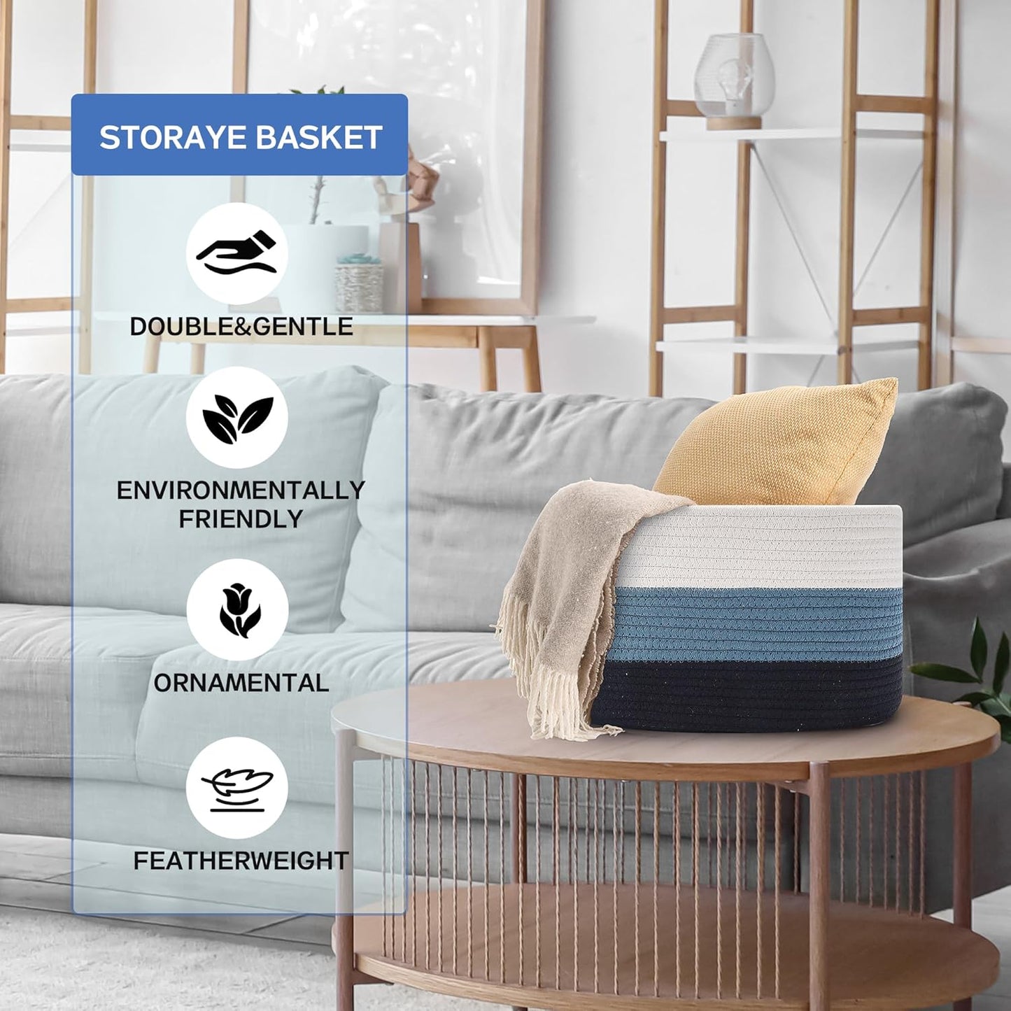 4 Pack Woven Storage Baskets for Organizing - Cotton Rope Baskets for Closet, Toys, Books, Towels, Durable Storage Bins for Shelves, Living Room, Bedroom, 14.76''Lx9.84''Wx8.86''H (Blue, 13")