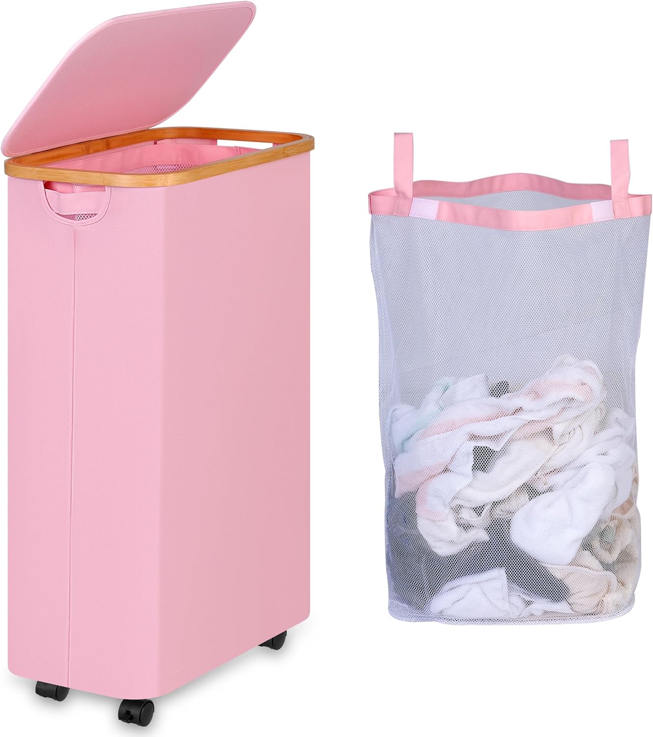 75L Laundry Basket with Wheels,Clothes Hamper for Laundry,Laundry Hamper with Lid and Inner Bag, for Laundry Room, Bedroom, Dormitory Storage,Pink