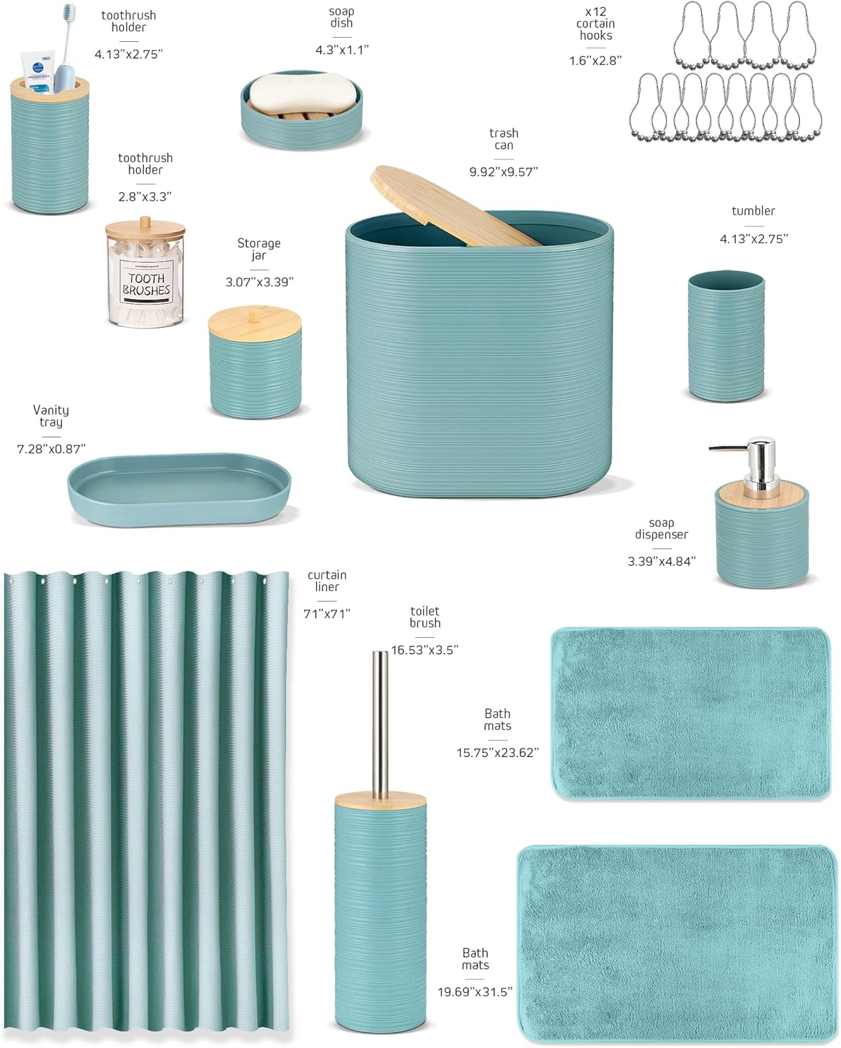 IMAVO Blue Bathroom Set,26Pcs Bathroom Accessories Set with Waffle Shower Curtain,Rugs,Trash Can,Tray,Soap Dispenser,Soap Dish,Toothbrush Holder,Toothbrush Cup,Toilet Brush Holder and Qtip Holders