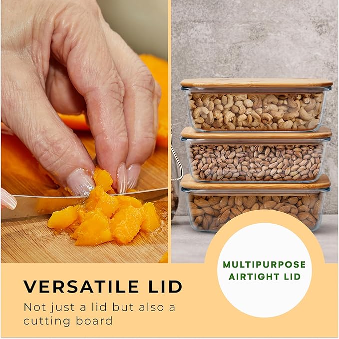 Prosumer's Choice Glass Containers with Bamboo Lids, 36oz - Set of 3 Stackable Food Storage with Wood Lids - Lunch Meal Prep Container Box - Made of Borosilicate Glass - with Silicone Ring