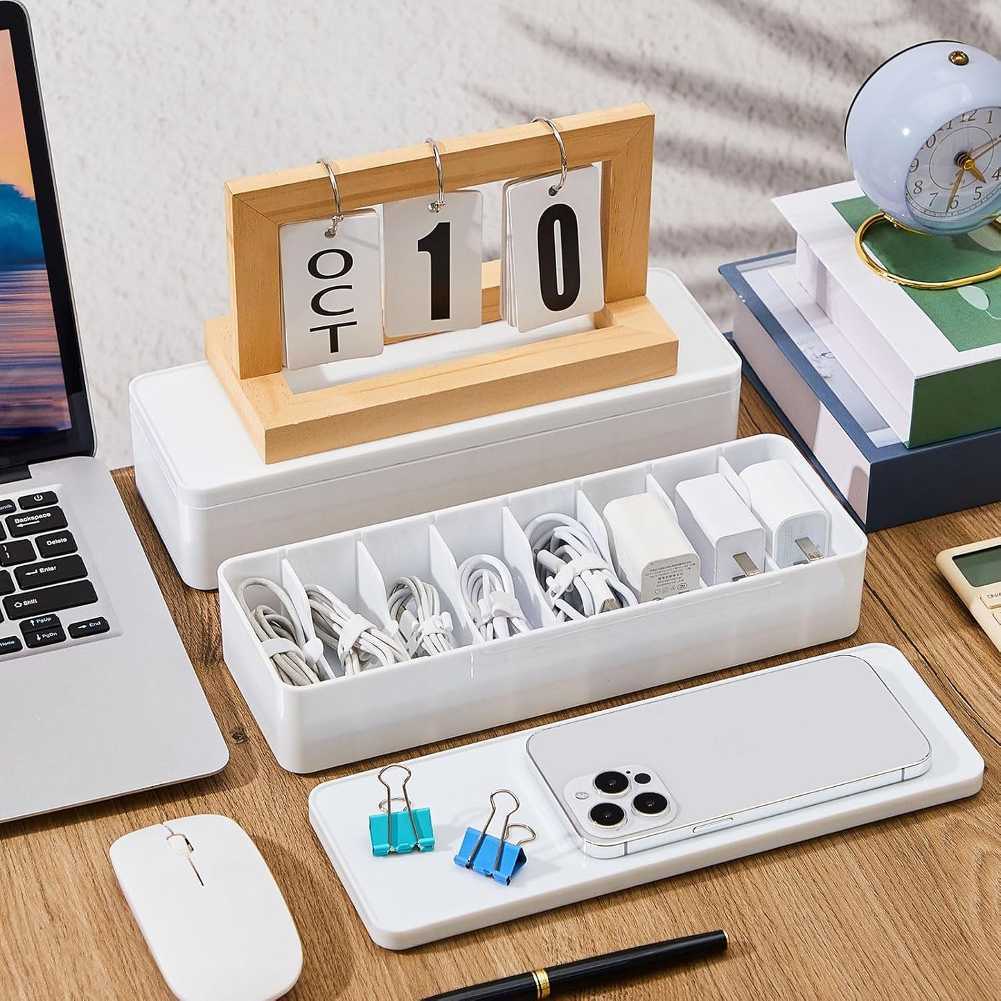 Tatuo 4 Pcs Cable Organizer Box with Wire Ties, Plastic Cord Storage Box with Lid, Electronics Organizer for Home Office Desk Organizers and Accessories (White)