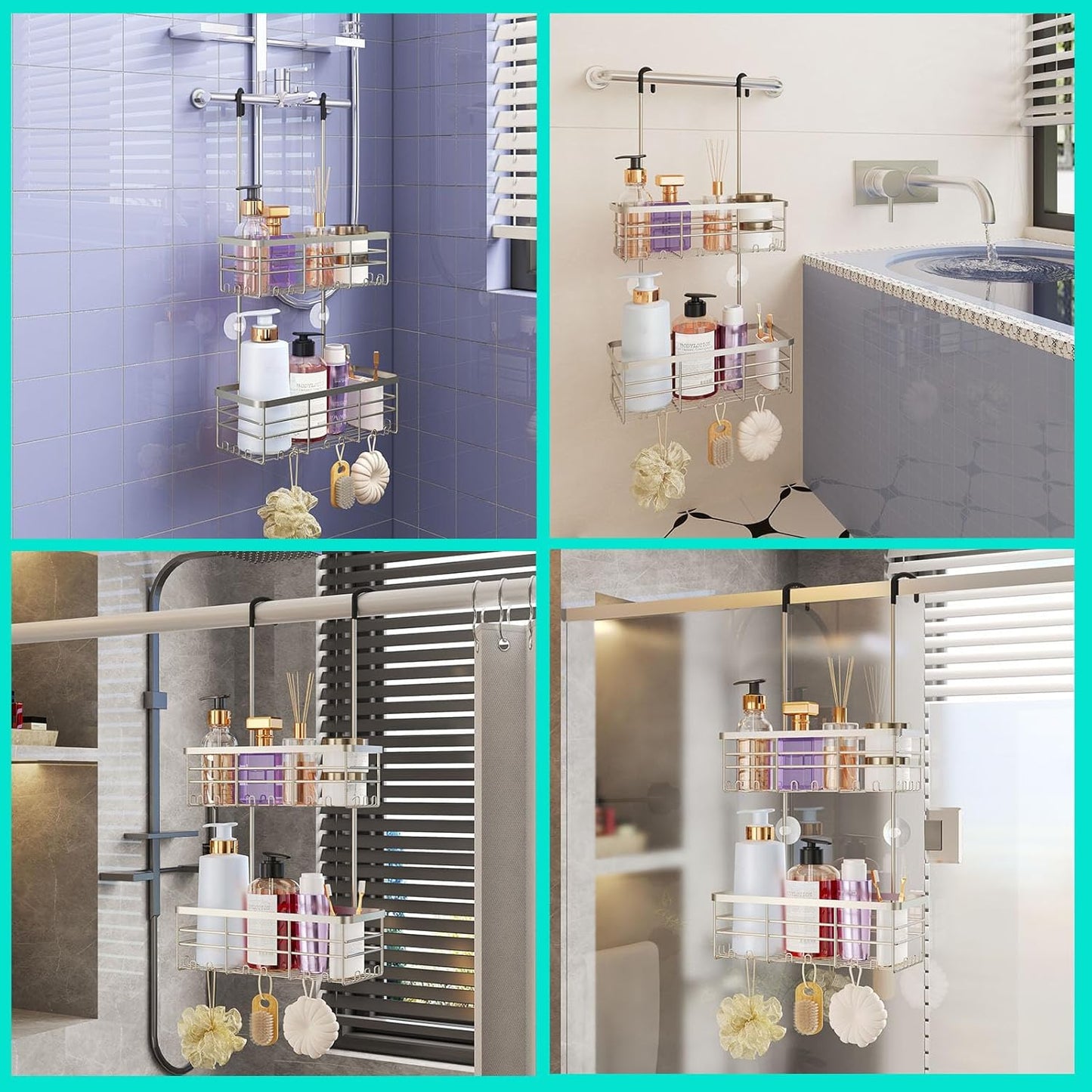 HapiRm Hanging Shower Caddy Organizer - No Drilling Shower Organizer with Hooks, Rustproof & Waterproof 304 Stainless Steel Bathroom Shelves - Brushed Nickel