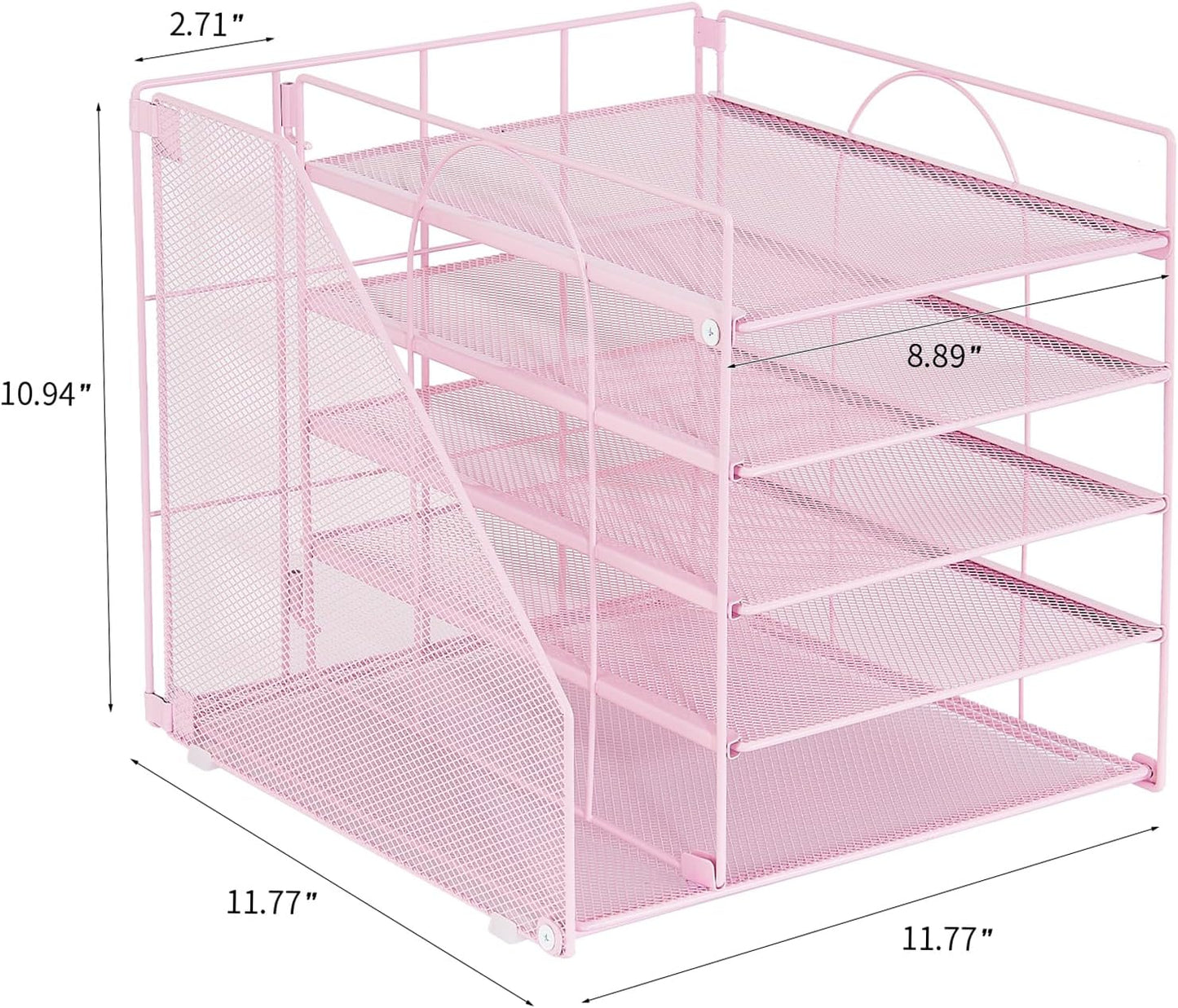 Desk Organizers and Accessories, 5-Tier Paper Letter Tray Organizer with File Holder, Desktop Organizer for Office Supplies (Pink)