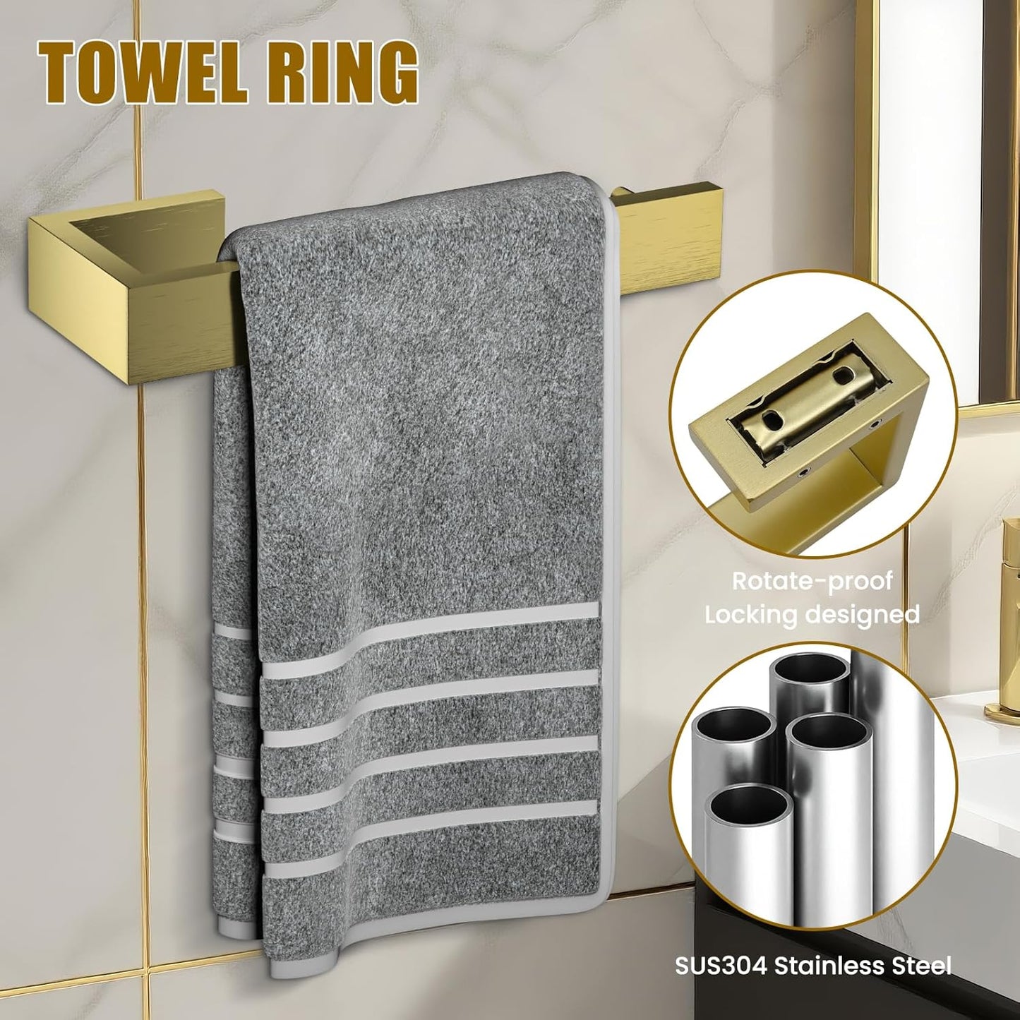 4 Pcs SUS304 Stainless Steel Bathroom Accessories Set, 24" Towel Bar, Towel Holder, Toilet Paper Holder, Robe Hook, Minimalist Design for All Styles Bathrooms (Gold)