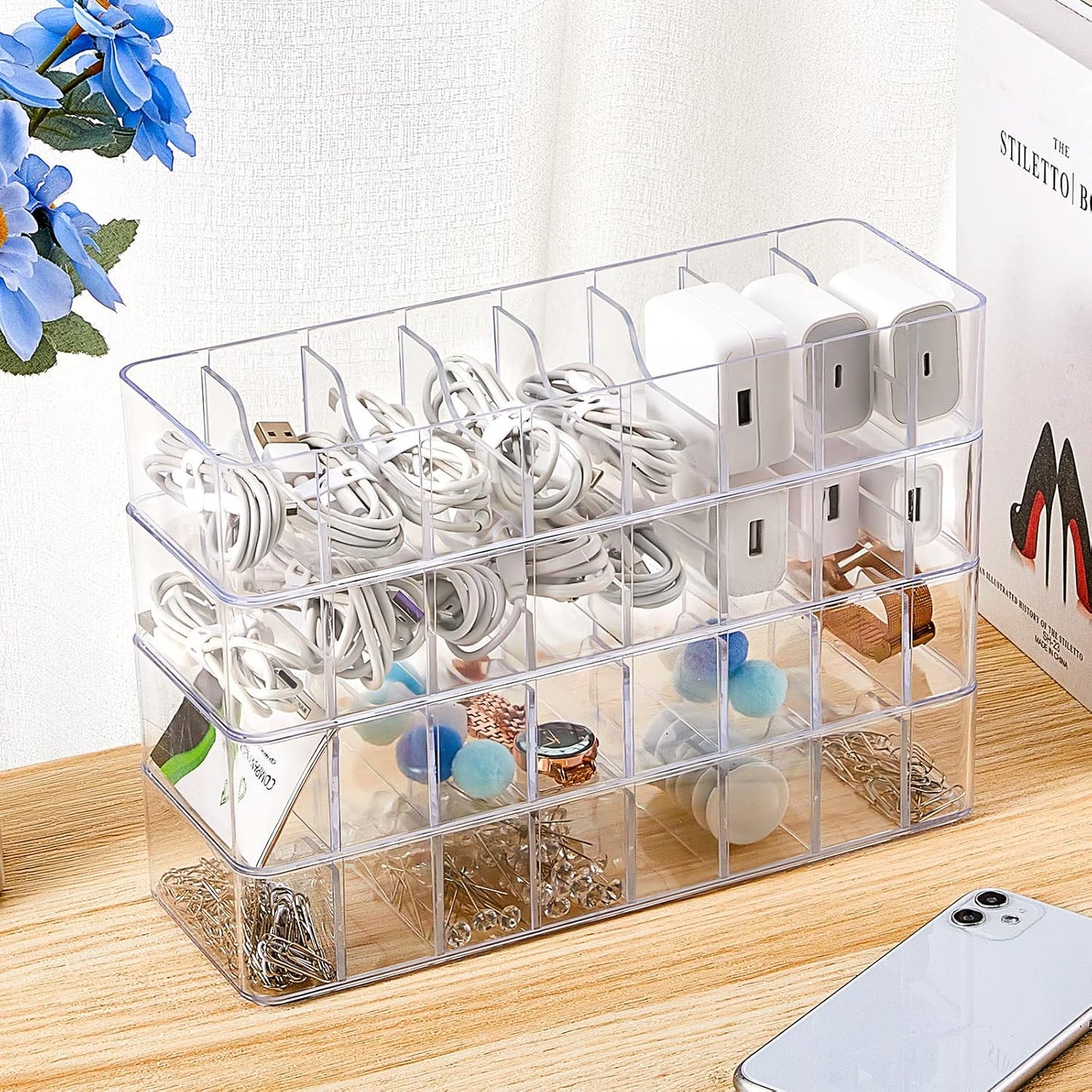 Tatuo 1 Pcs Cable Organizer with 10 Wire Ties, Plastic Cord Storage Charger Box Electronics Organizer with Adjustment Compartments Cable Storage for Drawer Home Office Desk Accessories (Clear)
