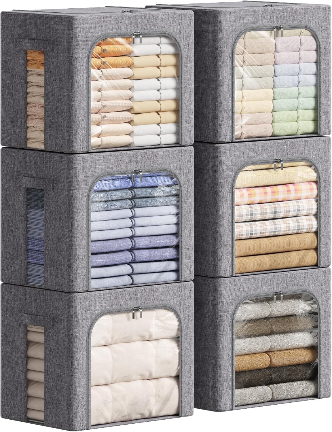 Lifewit Clothes Storage Bins with Metal Frame, Stackable Storage Box, Foldable Clothing Storage Bins with Lids, 40L Storage Bags Fabric Box Organizer with Clear Window＆ Zippers＆ Sturdy Handles 6 Pack