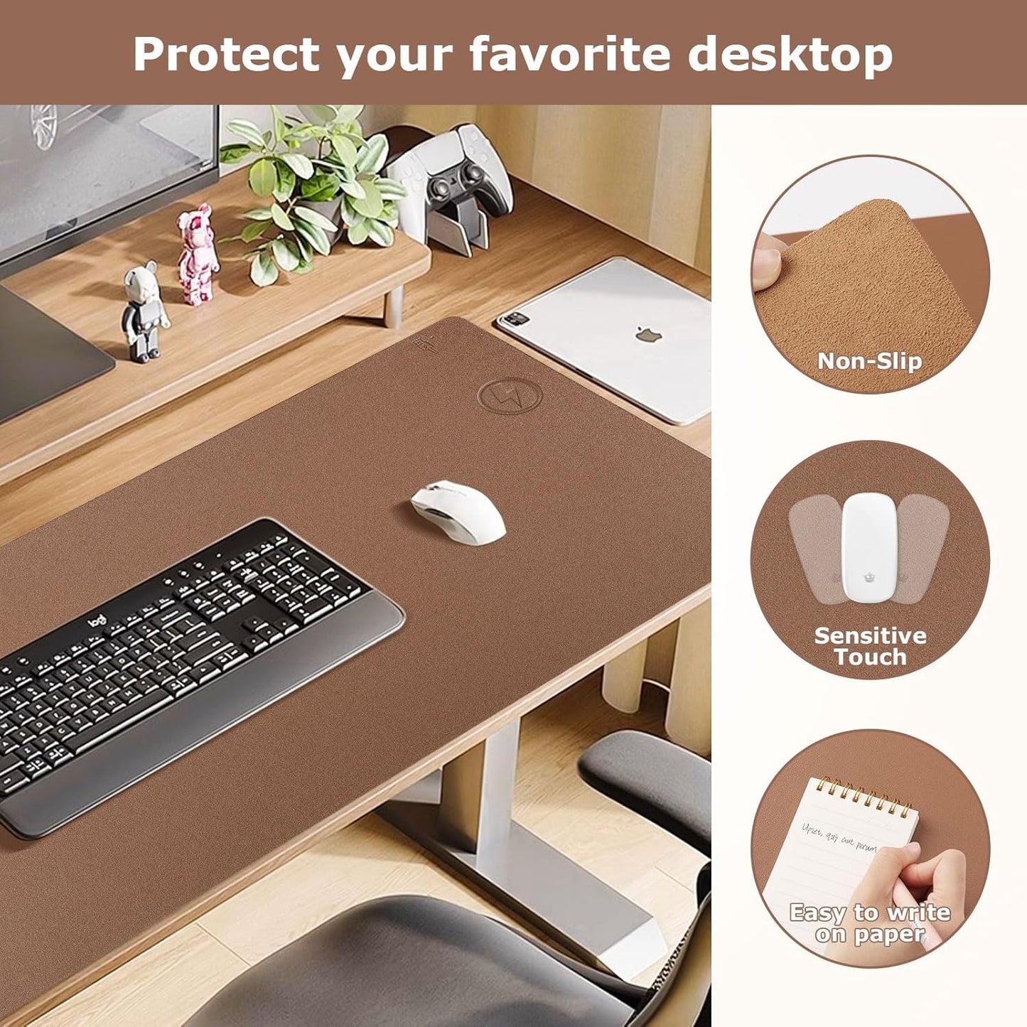 Wireless Charging Mouse Pad Firelison 2 in 1 Leather Multifunctional Office Desk Pad with Non-Slip Rubber Base, Waterproof Desk pad for Computers/Office/Work/Home/Decor（ 36" x 17"Buff - R）