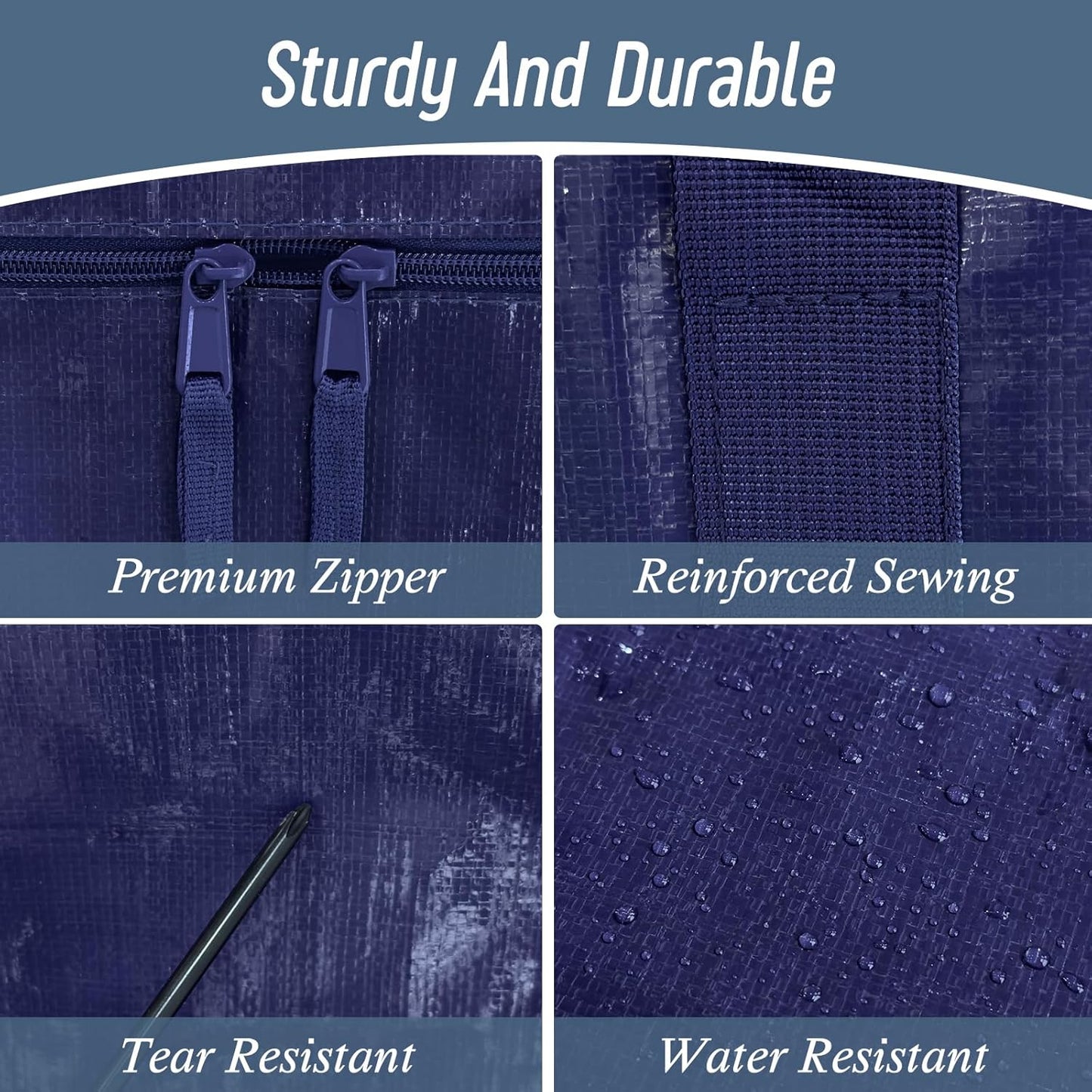 12 Pack Extra Heavy Duty Large Moving Bags with Strong Zipper & Comfortable Handles, Sturdy & Durable Clothes Storage Bags Totes Bins, Packing Moving Boxes for College Supplies, Dark Blue