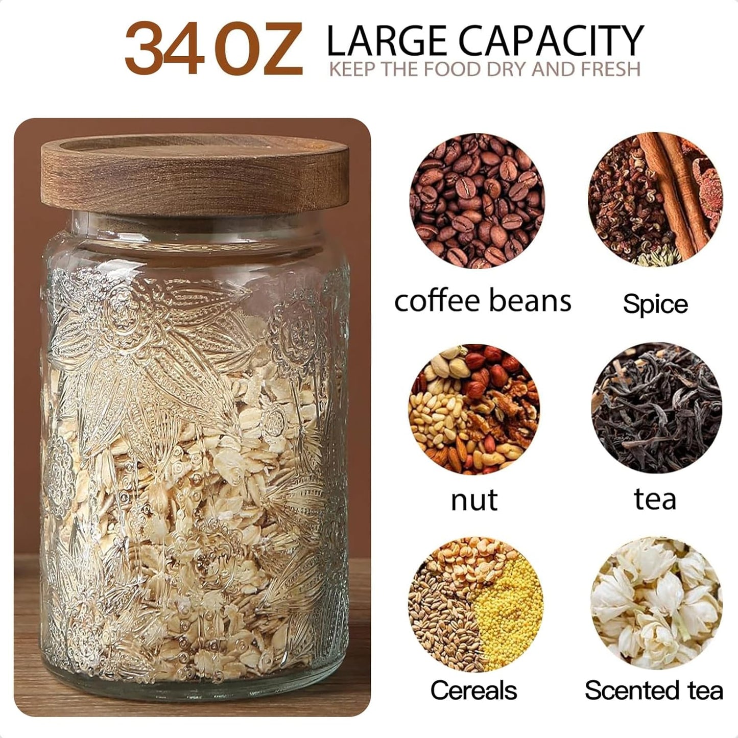 34 OZ Airtight Glass Storage Jar with Bamboo Lid - Vintage Glass Jar Vintage Food Containers Canisters Set for Kitchen Counter & Pantry - Ideal for Sugar, Flour, Coffee, Tea, Candy, Oats -2 Pack