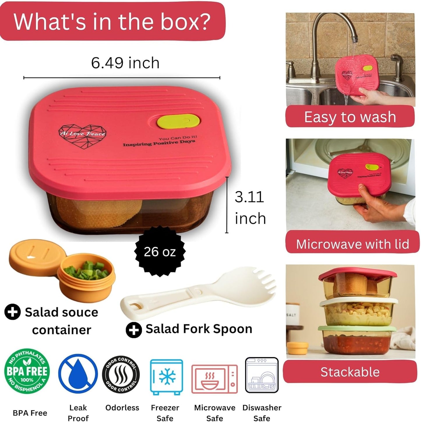 AI LOVE PEACE Glass Lunch Containers for Women Adults, Microwave Safe Glass Lunch Box, Leak Proof BPA-Free, Durable, Built-in Vent - Ideal for Meal Prep & On-the-Go Lunches (red)