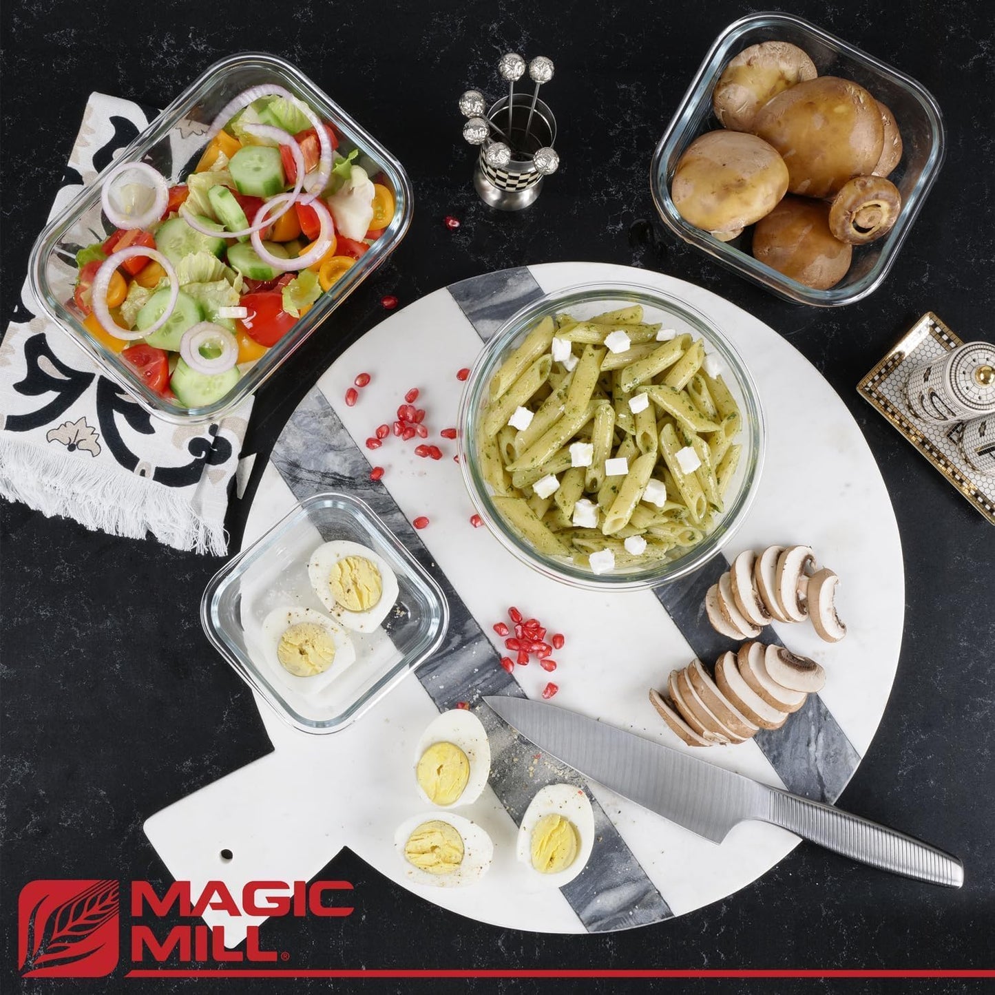 Magic Mill Premium Borosilicate Glass Food Storage Containers with lids Set | 24pc Sets with 12 Bowls & 12 Airtight Locking Lids for Lunch & Meal Prep, Safe for Oven, Freezer, Dishwasher, BPA-Free