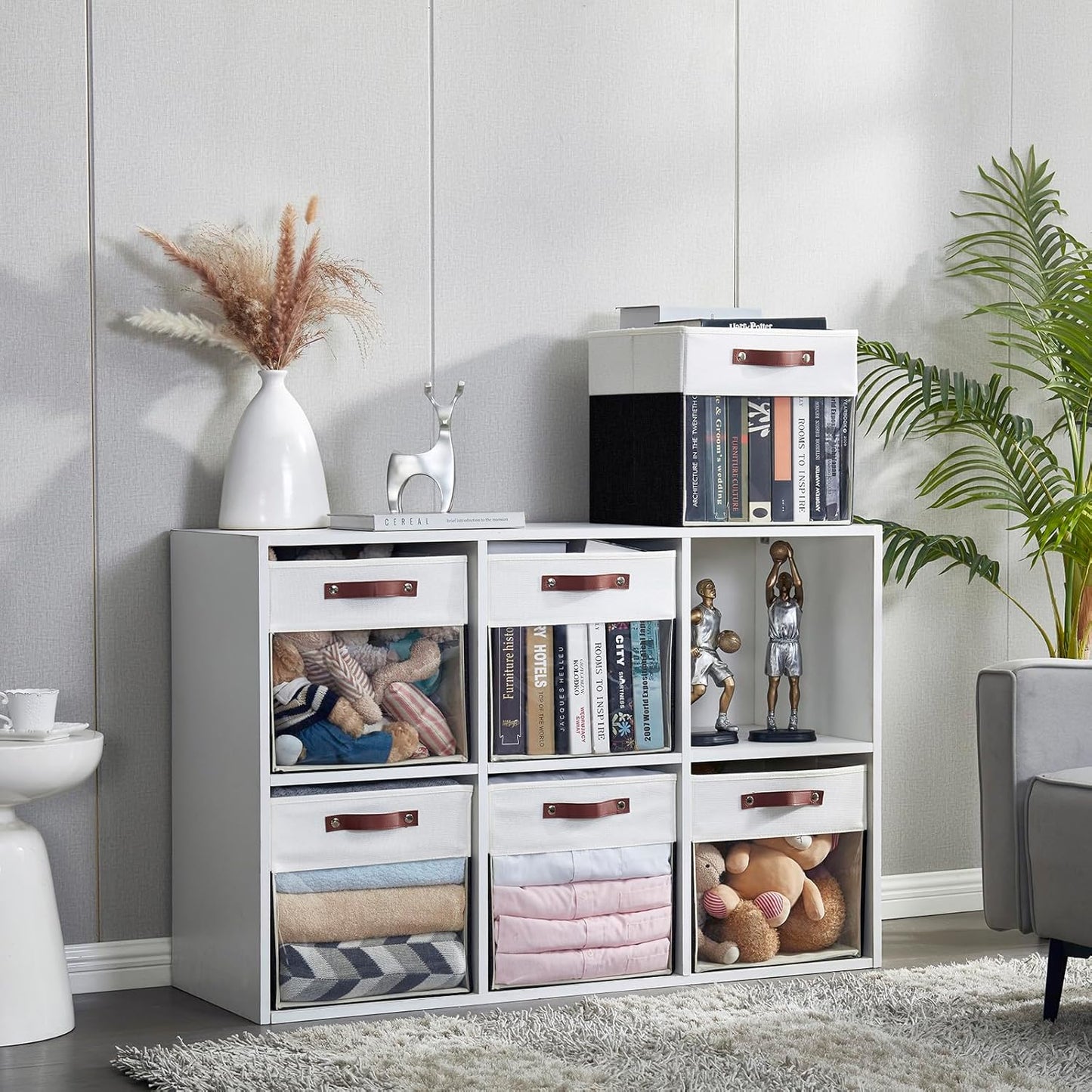 Storage Cubes, 4 Pack Linen Foldable Storage Bins (13 x 13 inch) with Clear Window and Handles, Fabric Organizer for Shelf Closet, Clothes, Books - (Black and White)
