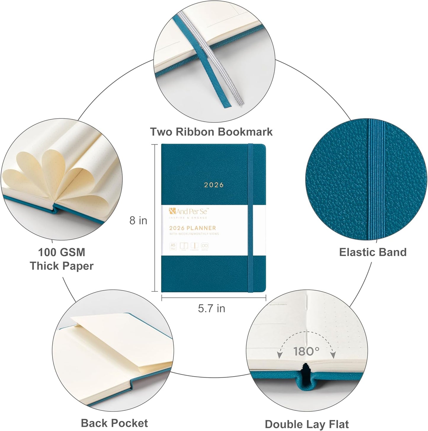 And Per Se 2026 Planner-Daily, Weekly & Monthly Leather Hardcover Planner, 5.7" x 8", Daily Schedule, Monthly Tabs, 100 GSM Thick Paper, Back Pocket(Dark Turquoise)