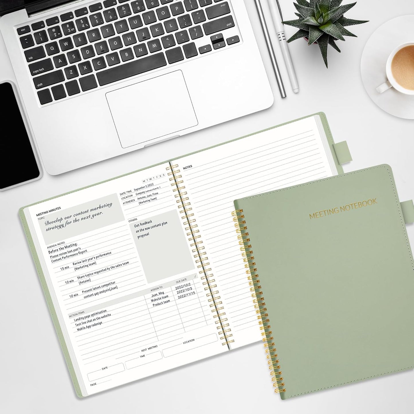 SUNEE Half Meeting Half Note - 8.5"x11" Professional Notebooks for Work - 160 Pages, A4 Size Project Planner, Spiral Meeting Agenda Organizer for Women Men, Note Taking,Office with Vegan Leather Cover