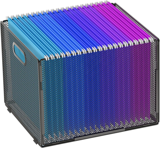 Hanging File Organizer, File Folder Organizer Mesh Hanging File Crate with Handle, File Box Storage Crate, File Basket for Office Home Letter Size, Black