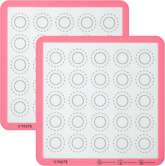 446ºF Heat Resistant Macaron Mat: U-Taste 11x11in Non Stick Silicone Baking Mat, Reusable Cookies Pastry Sheet Liner with Edge Enhancement & Circle Measurement for Square Cake Pan (2 PCS, Pink)