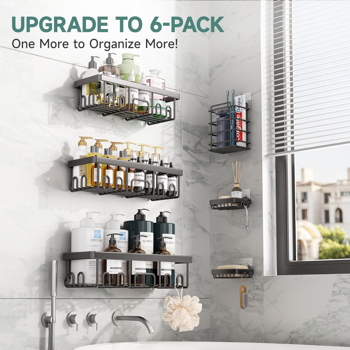 Veken Shower Caddy 6-Pack,Advanced Rustproof Design, No Drilling Adhesive Shelves Rack with Soap Holder, Large Capacity Bathroom Organizers and Storage, Wall-Mounted Kitchen & Home Decor