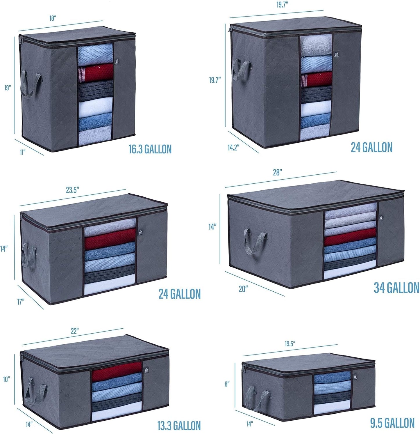 VENO 3 Pack Medium Clothes Storage Bag Organizer with Reinforced Handle Thick Fabric for Comforters, Blankets, Bedding, Foldable with Sturdy Zipper, Clear Window, Grey, Reusable (9.5 Gallon)