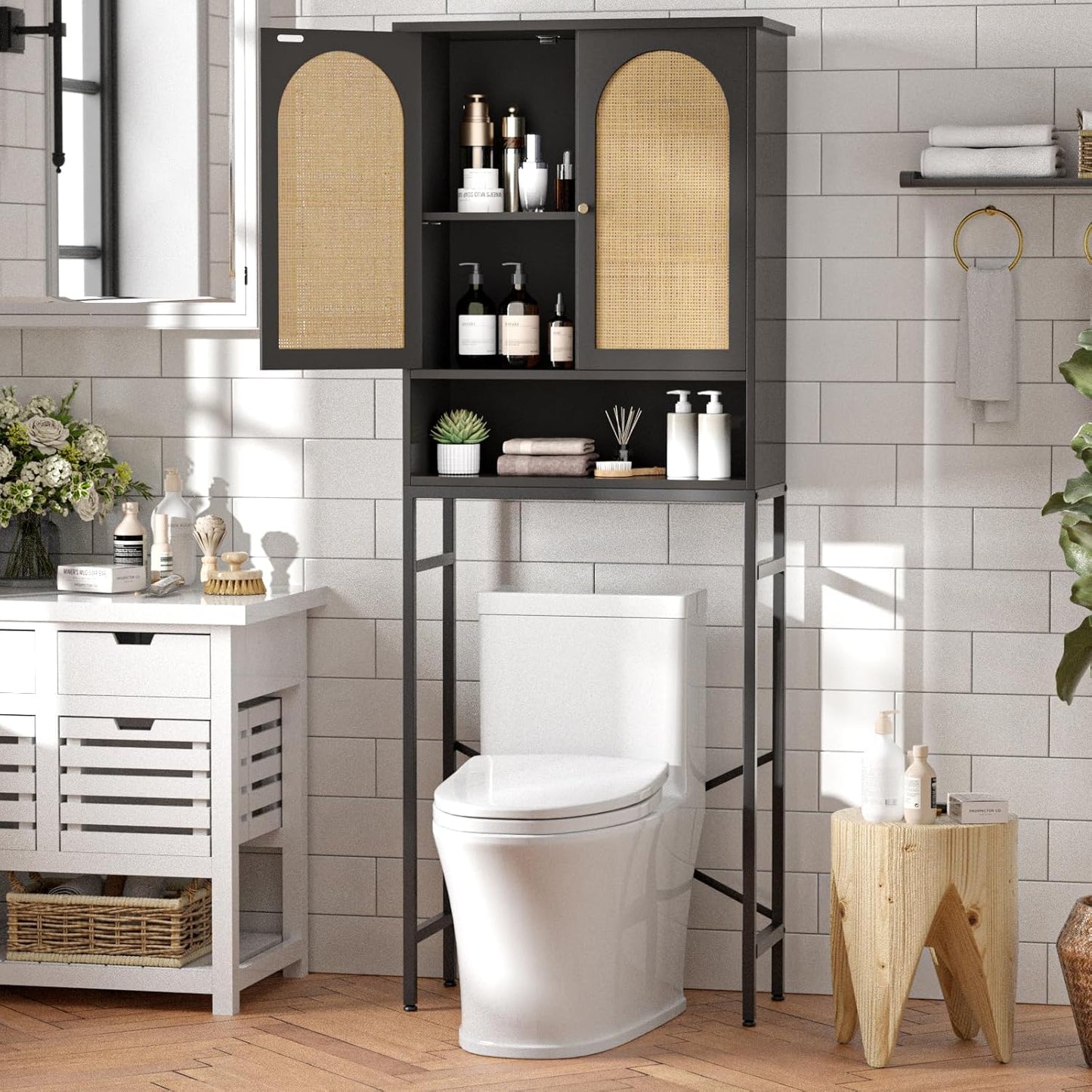 Rattan Toilet Storage Cabinet, Over The Rack Wood Cabinet with Metal Stand, Bathroom Organizer with Adjustable Shelf, Tall Freestanding Washer Shelf, Small Cupboard, Black