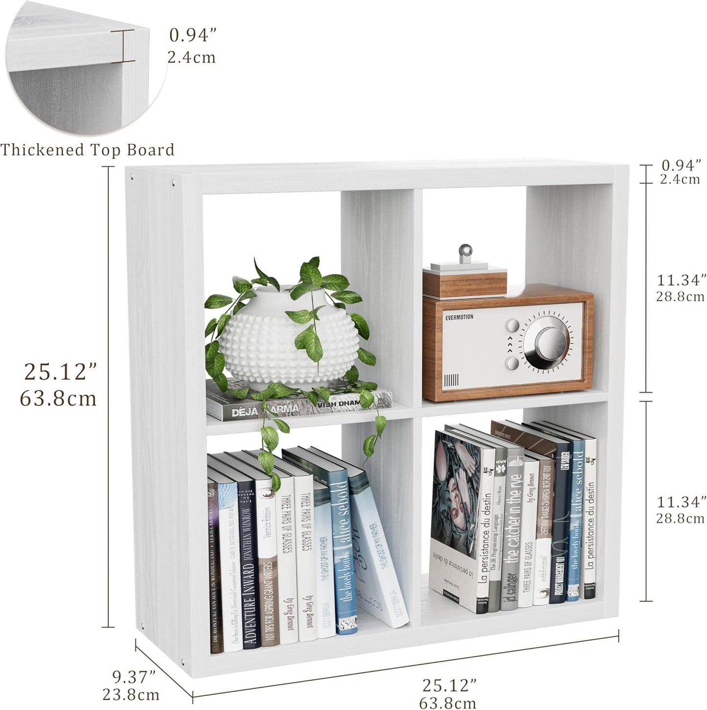 Cube Storage Organizer Bookcase, Decorative 11 inch Open Back Cubical Shelf with Thickened Border, Display Bookshelf for Living Room, Home Office, Sturdy Room (White, 4 Cube)