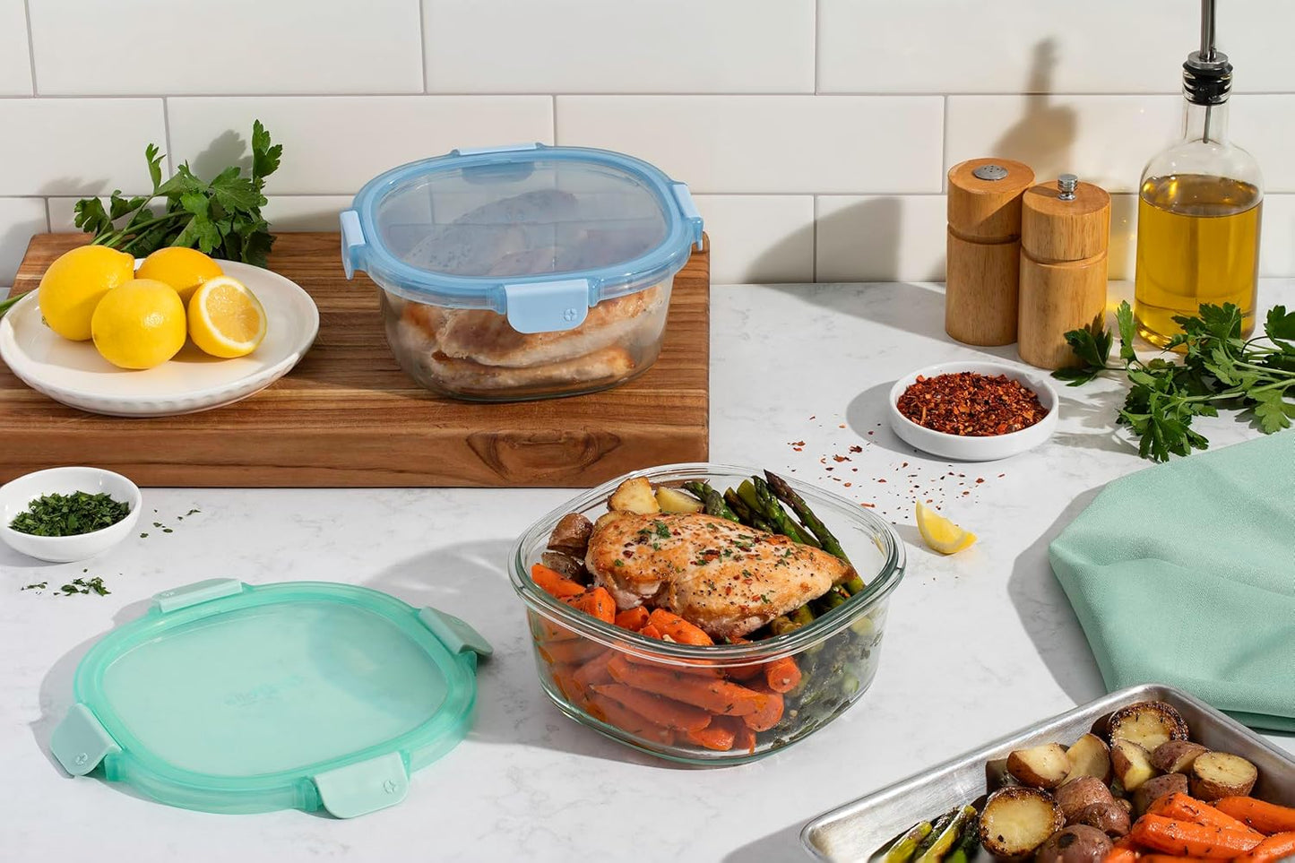 Ello Color Lock 7 Cup 4PC, 2 Pack Glass Meal Prep Sets Leak-Proof Glass Food Storage Containers with Airtight BPA-Free Plastic Lids, Dishwasher, Microwave, and Freezer Safe, Purple Rain