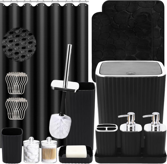 Bathroom Accessories Set - 25PC Black Bathroom Set, Bathroom Set with Shower Curtain and Rugs, Black Shower Curtain Set & Bathroom Rugs