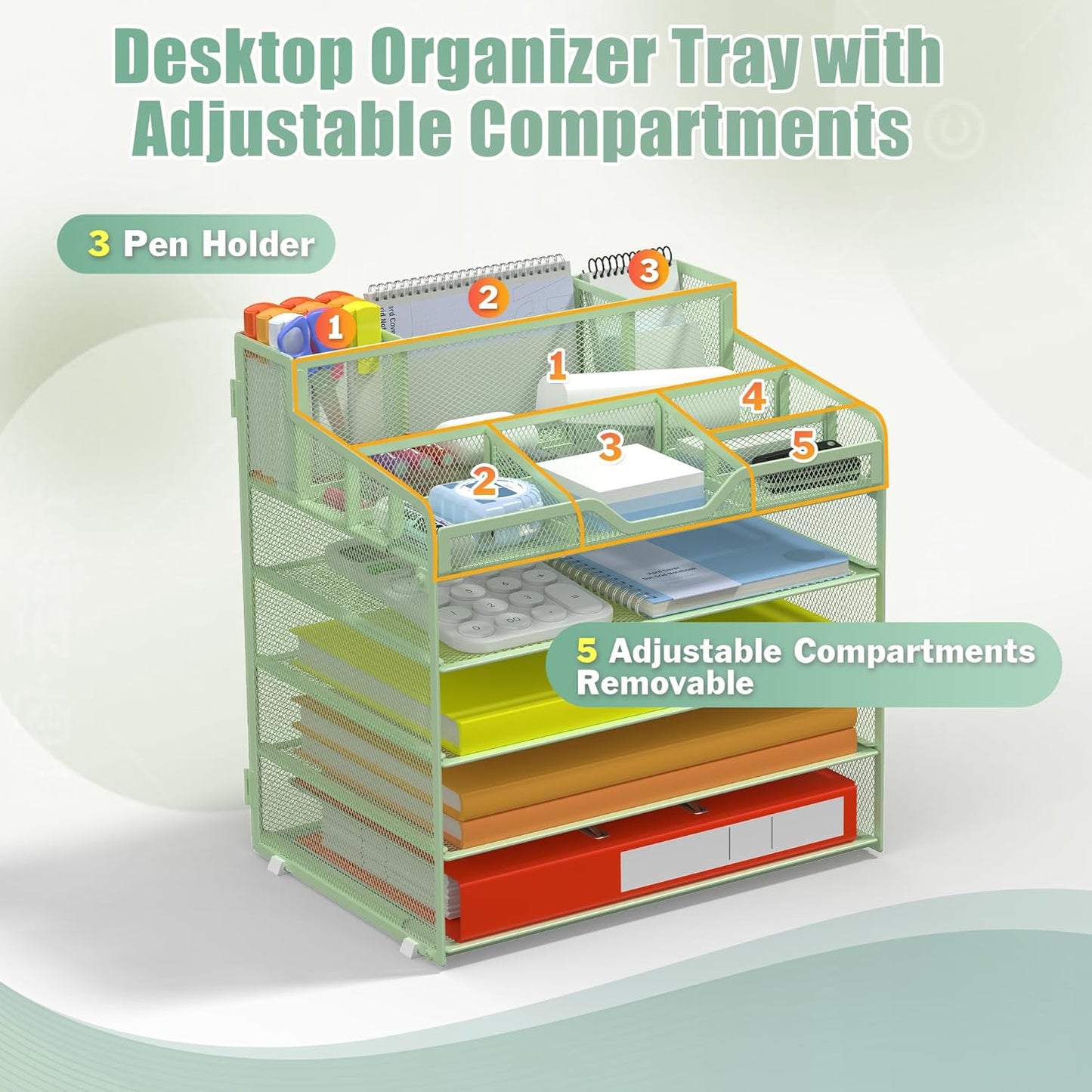 Docnest 5 Tier Mesh Desk Organizer for Paper Office Supplies – Multi-Functional Letter Tray with 5 Adjustable Compartments, 3 Pen Holders, Desktop Storage for Files, Mail, Stationery – Green