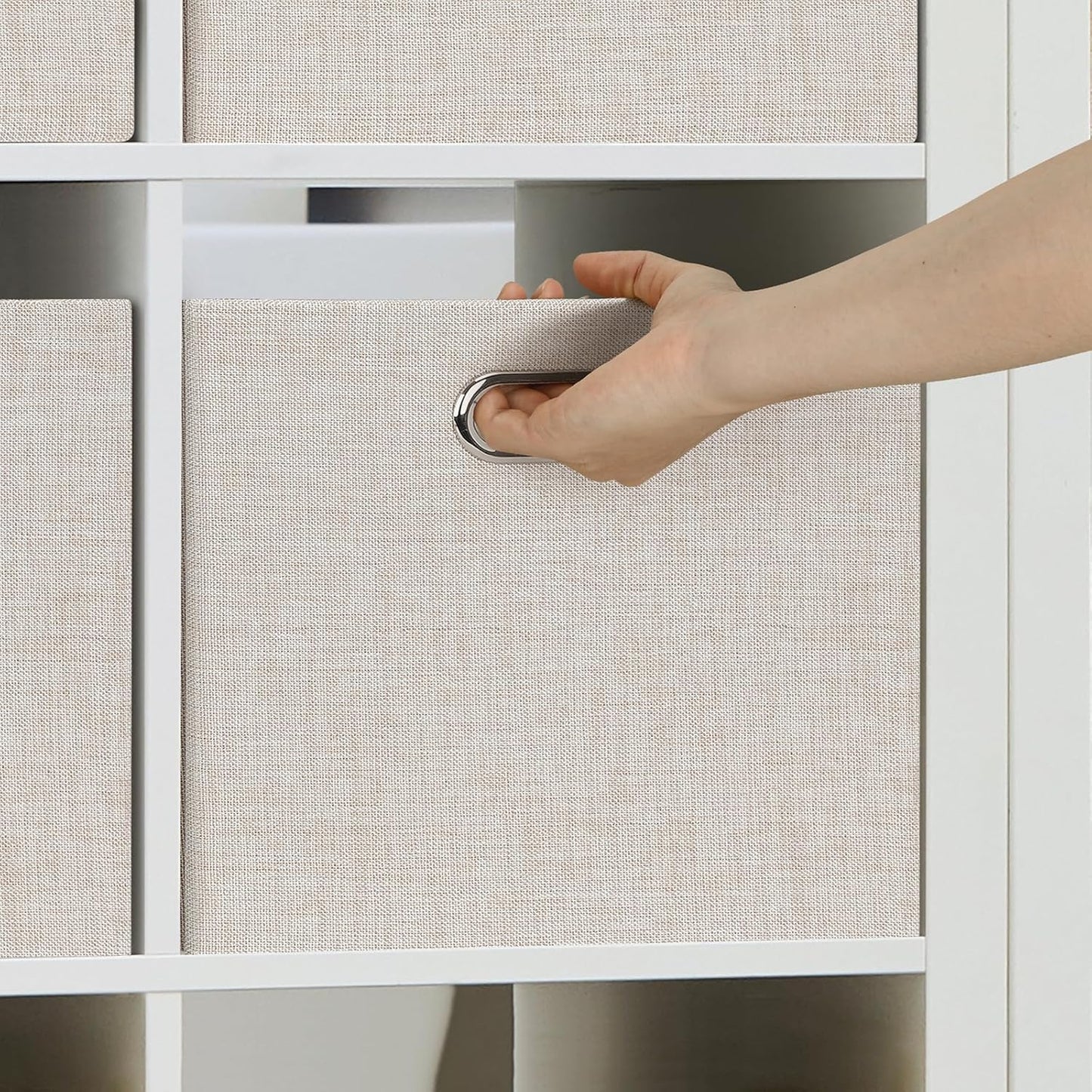 Posprica Closet Storage Bins, 4 Pack Large Closet Shelf Organizers, Linen Fabric Decorative Storage Baskets for Organizing, Foldable Storage Box for Clothes, Toy, 16.5x12x10.25 Inch (Beige)