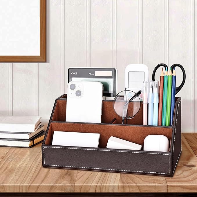 KINGFOM 5PCS Desk Organizer and Accessories Set, Pu Leather Office Supplies with Multifunction Desktop Organizer Storage Box, Tissue Holder, Mouse Pad, Note Paper Holder, Pencil Holder for Desk Brown