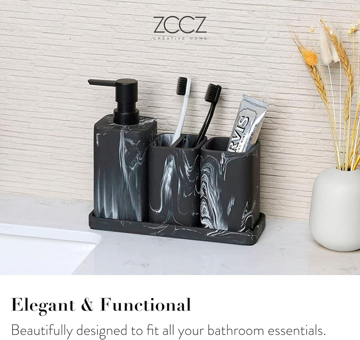 ZCCZ Black Bathroom Accessory Sets, 4 Pieces Bathroom Accessories Complete Set Vanity Countertop Accessory Set Marble Look, Includes Lotion Dispenser Soap Pump, Tumbler, Toothbrush Holder and Tray