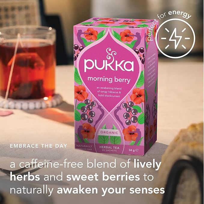 Pukka Morning Berry Organic Herbal Tea Bags, Caffeine Free Natural Energy, 80 Total Tea Bags (20ct - Pack of 4)