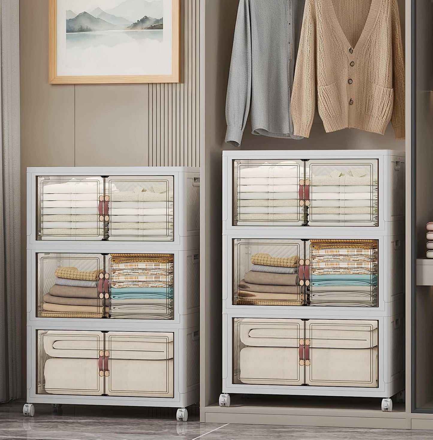 Extra Large Stackable Storage Bins with Lids & Wheels & Door, 672QT-112QT/28GAL*6Pack Foldable Collapsible Closet Organizers, Plastic containers drawers for bedroom Dorm