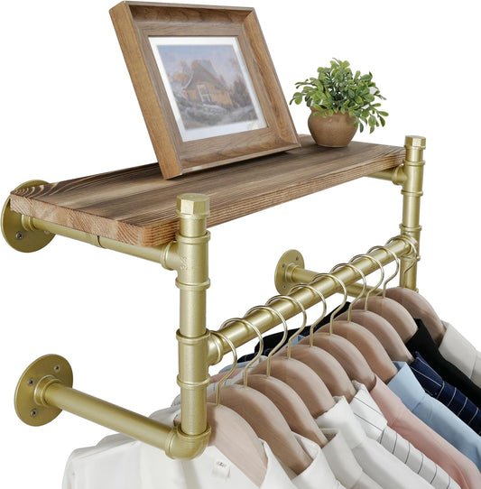 WEBI Wall Mounted Clothes Rack with Shelf,24" Industrial Pipe Clothing Rack with Shelf with Hanging Rod,Heavy Duty Iron Garment Rack Bar,Retail Display Clothes Rod for Laundry Room,Closet,Gold