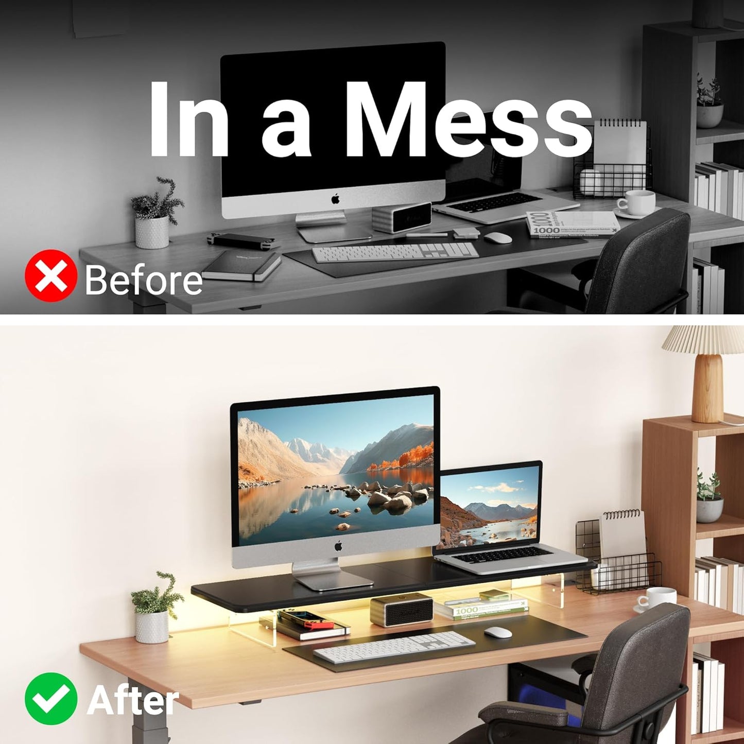 Monitor Stand Riser,31.5-Inch LED Light Wood Computer Monitor Stand with Adjustable Acrylic Legs,Desk Accessories Desktop Organizer Stand for, Computer,Laptop,Printer,PC TV Screen Riser,Black