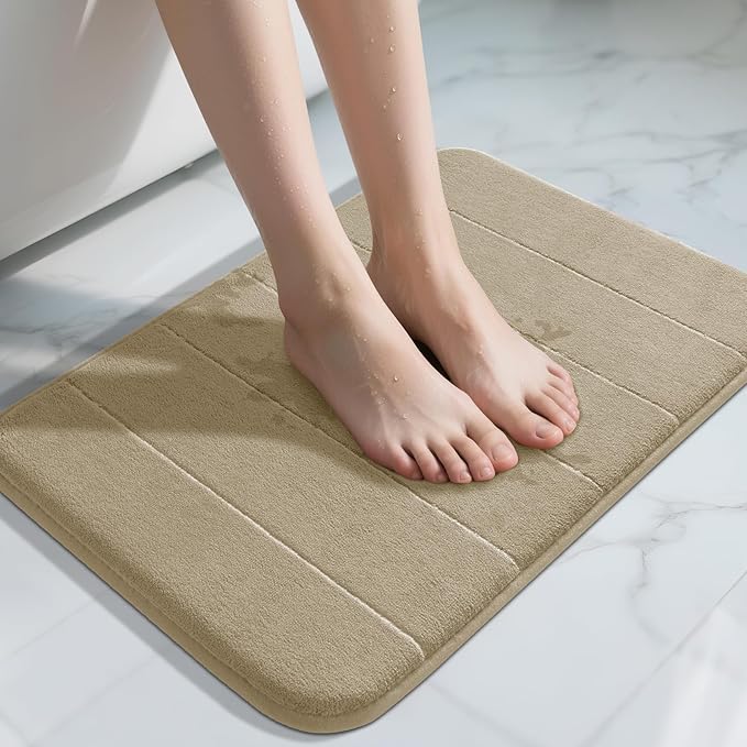 Yimobra Memory Foam Bath Mat, Super Soft Absorbent Bathroom Rug Non Slip, Quick Dry, Machine Washable Floor Carpet for Tub Shower, Home Decor Accessories, 24x17, Pale Khaki