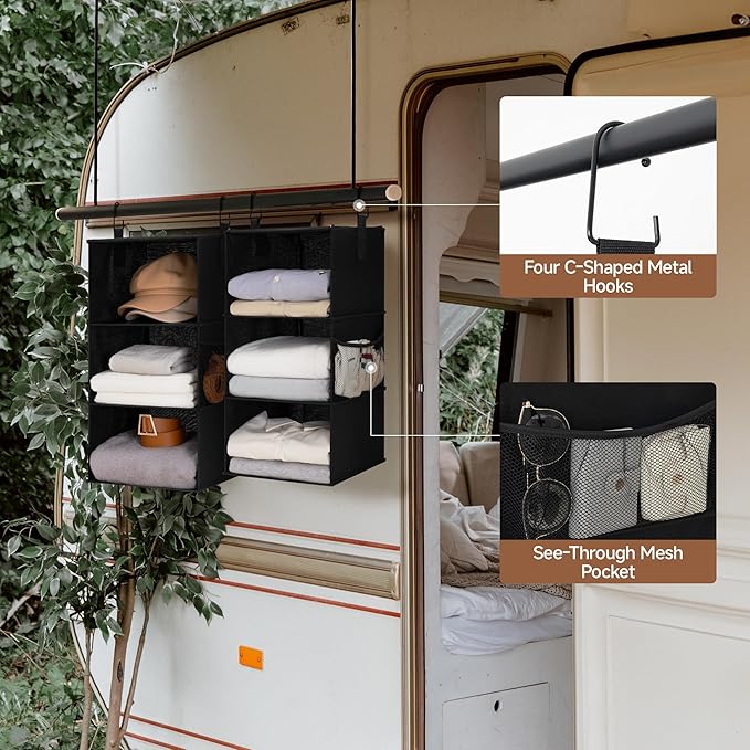 StorageWorks Hanging Closet Organizer 6-Shelf, Separable Two 3 Shelf Closet Storage Organizer with Side Pockets, Portable Hanging Shelves for Clothes, Sweater, Towels, 12" D x 12" W x 48¼"H, Black