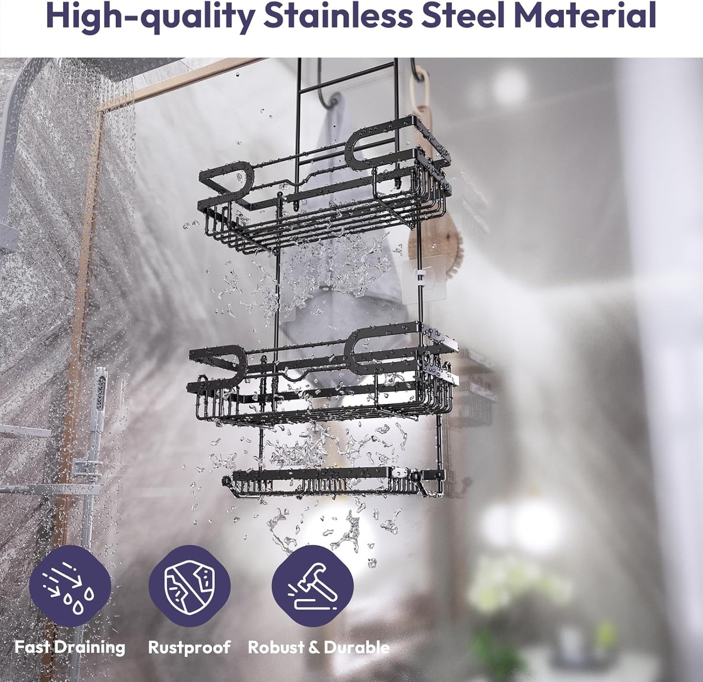 SWTYMIKI Over The Door Shower Caddy With Double Soap Holder, Hanging Shower Caddy With 16 Hooks, No Drilling Hanging Shower Organizer Over Door To Organize Bathroom Essentials, Black