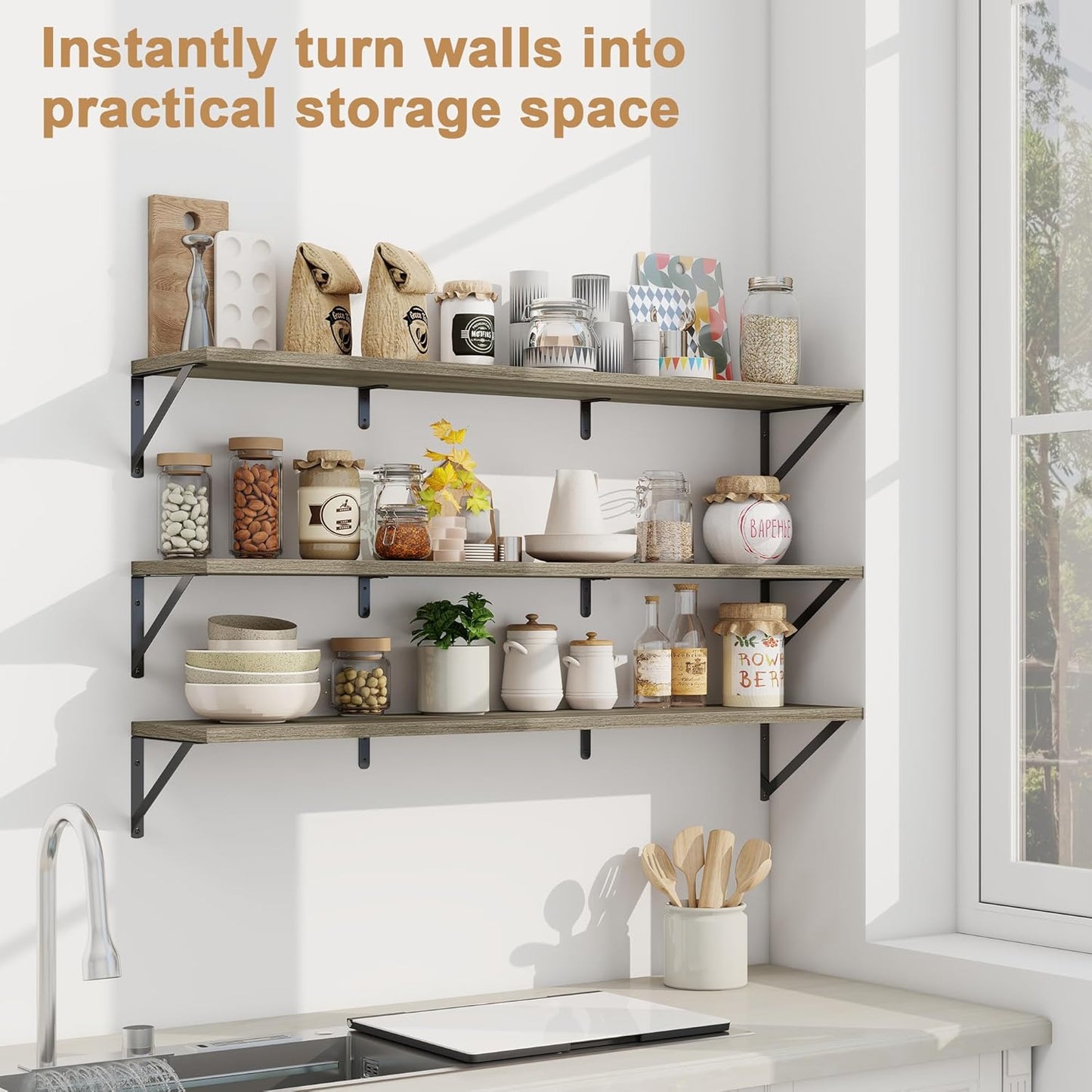 Fun Memories Extra Long Floating Wall Shelves, 48 x 8 Inches, Set of 3 Large Wood Floating Bookshelves with Metal Brackets for Storage & Display (Grey)